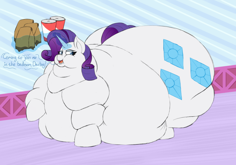 Size: 2000x1400 | Tagged: suggestive, artist:thewindking, derpibooru import, rarity, pony, unicorn, belly, belly bed, big belly, burger, butt, chubby cheeks, double chin, drink, fat, food, huge belly, huge butt, image, impossibly large belly, impossibly large butt, junk food, large butt, magic, open mouth, png, raritubby, rolls of fat, soda, solo, stretched cutie mark, text