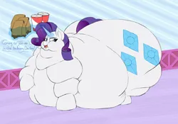 Size: 2000x1400 | Tagged: suggestive, artist:thewindking, derpibooru import, rarity, pony, unicorn, belly, belly bed, big belly, burger, butt, chubby cheeks, double chin, drink, fat, food, huge belly, huge butt, image, impossibly large belly, impossibly large butt, junk food, large butt, magic, open mouth, png, raritubby, rolls of fat, soda, solo, stretched cutie mark, text