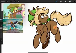 Size: 2360x1640 | Tagged: safe, artist:lrusu, derpibooru import, ponified, earth pony, pony, chest fluff, eye clipping through hair, eyebrows, eyebrows visible through hair, image, jpeg, link, looking back, open mouth, solo, the legend of zelda