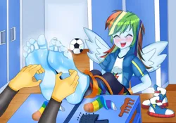 Size: 1067x749 | Tagged: suggestive, artist:fengbujing, derpibooru import, rainbow dash, equestria girls, barefoot, clothes, feet, fetish, foot fetish, foot tickling, image, jpeg, laughing, shoes, sneakers, socks, soles, sweat, sweaty feet, tickle torture, tickling, toes