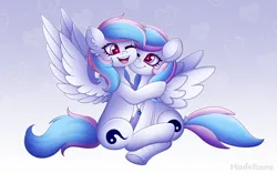 Size: 4800x3000 | Tagged: safe, artist:madelinne, derpibooru import, oc, oc:starburn, unofficial characters only, original species, pegasus, plush pony, pony, cuddling, duo, gradient background, happy, hug, image, nuzzling, pegasus oc, plushie, png, seams, self plushidox, smiling, wings