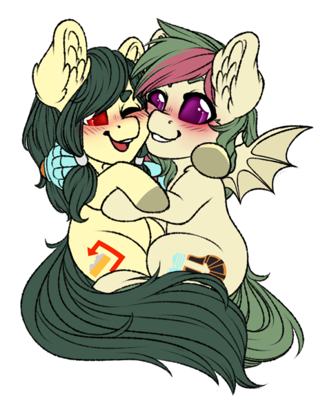 Size: 3000x3800 | Tagged: safe, artist:cobaltmist, derpibooru import, part of a set, oc, oc:dew point, oc:grav, unofficial characters only, bat pony, earth pony, female, green mane, image, lesbian, png, two toned mane, yellow coat