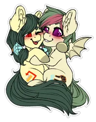 Size: 3000x3800 | Tagged: safe, artist:cobaltmist, derpibooru import, part of a set, oc, oc:dew point, oc:grav, unofficial characters only, bat pony, earth pony, female, green mane, image, lesbian, png, two toned mane, yellow coat