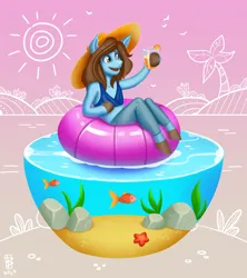 Size: 4095x4621 | Tagged: safe, artist:billyn, derpibooru import, oc, oc:sertpony, unofficial characters only, earth pony, fish, goldfish, bikini, bikini top, blue coat, brown mane, clothes, commission, drink, glass, hat, image, inner tube, male, png, pool toy, sand, seastar, seaweed, smiling, solo, sun hat, swimming leggings, swimsuit, underwater, water, ych result