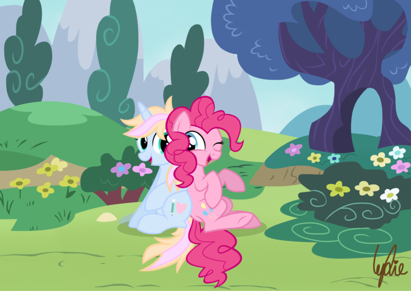 Size: 3562x2526 | Tagged: safe, artist:lydia, derpibooru import, pinkie pie, oc, oc:windy／painting heart, earth pony, pony, unicorn, blue sky, cute, date, dragon ball, flower, grass, happy, hill, image, mountain, open mouth, png, ponyville, raised hoof, show accurate, sitting, sky, smiling, stone, tree, vegeta