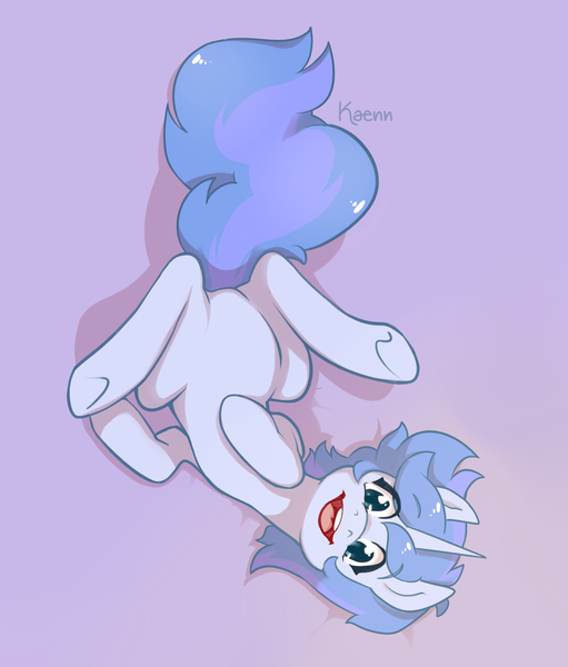 Size: 2688x3156 | Tagged: safe, artist:kaenn, derpibooru import, oc, oc:katzeneln, pony, unicorn, blue mane, cute, image, playful, playful pose, png, smiling, upside down