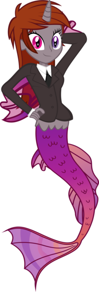 Size: 3000x8835 | Tagged: safe, artist:razoruniboop, derpibooru import, edit, editor:funny jo, oc, oc:funny jo, unofficial characters only, mermaid, equestria girls, arm behind head, business suit, clothes, female, fins, fish tail, gills, hand on hip, heterochromia, horn, image, mermaid tail, mermaidized, multicolored tail, necktie, png, proud, simple background, slit pupils, smiling, solo, species swap, tail, transparent background