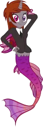 Size: 3000x8835 | Tagged: safe, artist:razoruniboop, derpibooru import, edit, editor:funny jo, oc, oc:funny jo, unofficial characters only, mermaid, equestria girls, arm behind head, business suit, clothes, female, fins, fish tail, gills, hand on hip, heterochromia, horn, image, mermaid tail, mermaidized, multicolored tail, necktie, png, proud, simple background, slit pupils, smiling, solo, species swap, tail, transparent background