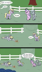 Size: 1920x3240 | Tagged: safe, artist:platinumdrop, derpibooru import, derpy hooves, diamond tiara, dinky hooves, silver spoon, 3 panel comic, bag, bully, bullying, comic, commission, food, image, muffin, png, speech bubble