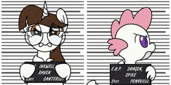 Size: 2070x1032 | Tagged: safe, artist:pony4koma, derpibooru import, raven, spike, dragon, pony, unicorn, about to cry, alternate color palette, alternate design, alternate hairstyle, angry, barbie mugshot meme, blind bag, captured, caught, crime, criminal, cute, duo, duo male and female, female, glasses, hand hold, hoof hold, image, looking at you, male, mare, meme, mugshot, necktie, older, older spike, open mouth, png, ravenbetes, ravenspike, recolor, sad, shipping, spikabetes, straight, text, toy, toy interpretation, twilight hair, winged spike, wings