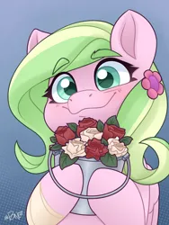 Size: 2028x2704 | Tagged: safe, artist:rivin177, derpibooru import, oc, unofficial characters only, pegasus, pony, bandage, blushing, bucket, commission, cute, ears, flower, holding, image, png, raised hoof, rose, simple background, smiling, wide eyes, wings