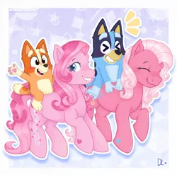 Size: 1200x1200 | Tagged: safe, artist:daylightsketch, derpibooru import, pinkie pie (g3), tulip twinkle, dog, earth pony, pony, semi-anthro, g3, australian cattle dog, bingo heeler, bluey, bluey heeler, blushing, crossover, eyes closed, female, image, jpeg, mare, paw pads, riding, riding a pony, smiling