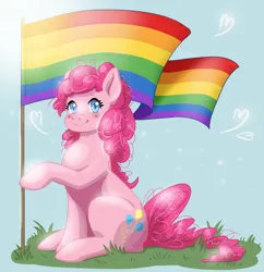 Size: 1339x1385 | Tagged: safe, artist:erein, derpibooru import, pinkie pie, earth pony, pony, ears up, female, flag, image, jpeg, lgbt, pride, pride flag, pride month, simple background, smiling, solo