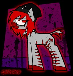 Size: 1412x1476 | Tagged: safe, artist:xxv4mp_g4z3rxx, derpibooru import, oc, oc:zoloft, unofficial characters only, pony, zebra, beanie, choker, eyeliner, female, hat, image, makeup, mare, png, red eyes, red mane, signature, solo, spiked choker