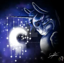Size: 1024x998 | Tagged: safe, artist:cune-roos, derpibooru import, princess luna, alicorn, 2018, beautiful, bust, crying, dangling, dark, ethereal mane, eyes closed, glow, highlights, horn, image, jpeg, long horn, moon, night, signature, starry mane, stars, tangible heavenly object, teary eyes, watermark
