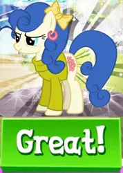 Size: 594x834 | Tagged: safe, derpibooru import, edit, blueberry curls, bubblegum blossom, earth pony, pony, bow, caption, clothes, ear piercing, earring, female, gameloft, hair bow, image, image macro, jewelry, jpeg, mare, meme, my little pony: magic princess, piercing, solo, sweater, text, tree, wow! glimmer