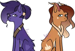 Size: 4927x3312 | Tagged: safe, artist:thecommandermiky, derpibooru import, oc, oc:miky command, oc:trystan, unofficial characters only, deer, deer pony, original species, pony, accessory, blue eyes, deer oc, duo, duo female, female, horn, horn jewelry, image, jewelry, mare, non-pony oc, png, purple eyes, simple background, smiling, transparent background