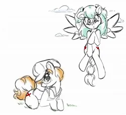 Size: 1280x1165 | Tagged: safe, artist:bamboodog, derpibooru import, oc, unofficial characters only, earth pony, pegasus, pony, blank flank, clothes, duo, earth pony oc, female, flying, glasses, hat, image, jpeg, mare, partial color, pegasus oc, wings