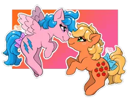 Size: 2000x1550 | Tagged: safe, artist:caprania, derpibooru import, applejack (g1), firefly, pony, g1, applefly, bow, female, image, lesbian, png, shipping, tail, tail bow