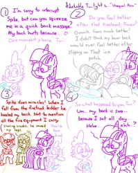 Size: 4779x6013 | Tagged: safe, artist:adorkabletwilightandfriends, derpibooru import, raven, spike, twilight sparkle, twilight sparkle (alicorn), oc, oc:spray, oc:wyanna, alicorn, comic:adorkable twilight and friends, adorkable, adorkable twilight, badge, butt, clothes, comic, conversation, cute, dimples, dimples of venus, dork, embarrassed, firefighter, gloves, happy, humor, image, massage, massage table, necktie, nervous, pain, pillow, plot, png, police, police officer, police pony, sheriff, sitting, slice of life, sweat, therapy, waiting