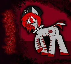 Size: 1824x1630 | Tagged: safe, artist:xxv4mp_g4z3rxx, derpibooru import, oc, oc:zoloft, zebra, beanie, behind, collar, ear piercing, eyeliner, fangs, hat, image, makeup, piercing, png, red background, red eyes, red mane, safety pin, signature, simple background, solo, spiked collar