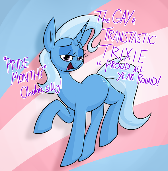 Size: 1269x1290 | Tagged: safe, artist:moonatik, derpibooru import, trixie, pony, abstract background, female, image, mare, missing accessory, mouthpiece, png, politics, pride, pride flag, pride month, pride ponies, raised hoof, solo, talking to viewer, trans trixie, transgender, transgender pride flag