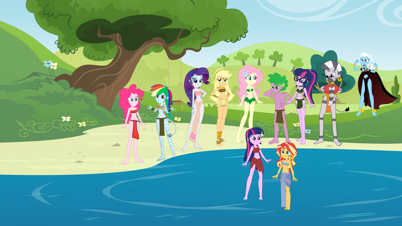 Size: 8000x4499 | Tagged: safe, derpibooru import, applejack, fluttershy, pinkie pie, rainbow dash, rarity, sci-twi, spike, sunset shimmer, trixie, twilight sparkle, zecora, human, equestria girls, ankle cuffs, atlantis: the lost empire, avatar, background, bandeau, barefoot, barefoot sandals, barely covered, belly button, bikini babe, body markings, bodypaint, bra, bracelet, breasts, cape, clothes, collar, costume, cuffs, ear piercing, equestria girls-ified, feet, female, front knot midriff, humane five, humane seven, humane six, humanized, image, jewelry, jpeg, jungle girl, krystal, lake, lake party, leaf, leaf bikini, leaves, loincloth, male, midriff, mohawk, outfit, piercing, pocahontas, sarong, star fox, star fox adventures, swimsuit, swing, tail, tailed humanization, tarzan, the road to el dorado, tree, tribal, tribal markings, underwear, water