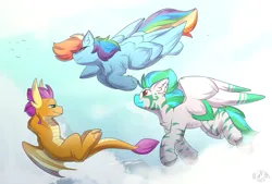 Size: 2962x1999 | Tagged: safe, artist:beardie, derpibooru import, rainbow dash, smolder, oc, dragon, pegasus, background, cloud, cute, female, flying, image, male, png