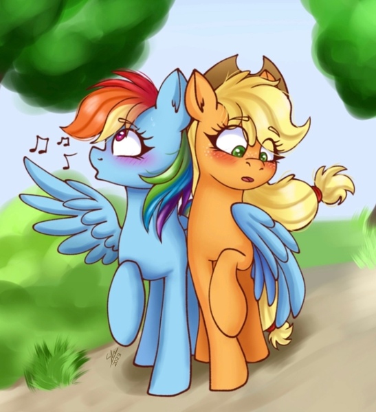 Size: 1117x1226 | Tagged: safe, artist:galaxy swirl, derpibooru import, applejack, rainbow dash, earth pony, pegasus, pony, appledash, blushing, eye clipping through hair, female, hug, image, jpeg, lesbian, looking away, open mouth, shipping, smooth as butter, whistling, winghug, wings