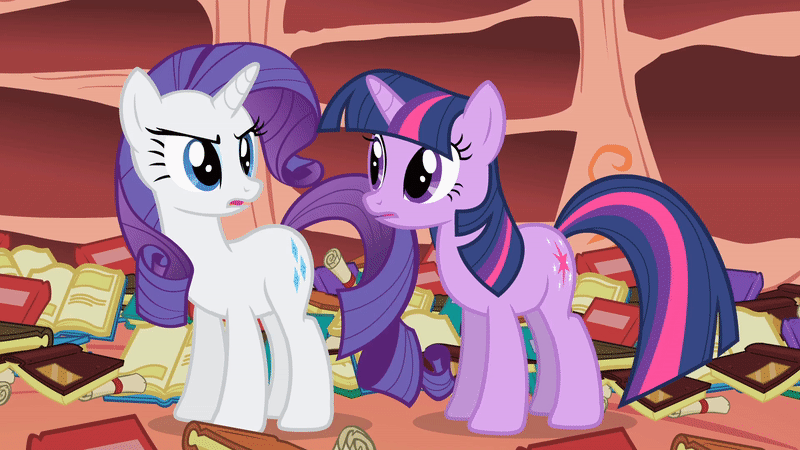 Size: 800x450 | Tagged: safe, derpibooru import, screencap, rarity, twilight sparkle, pony, unicorn, season 1, sonic rainboom (episode), abuse, angry, animated, book, butt bump, butt punch, butt smash, duo, duo female, female, gif, golden oaks library, image, library, now go on, ouch, out of context, raribitch, rarity is not amused, twilybuse, unamused, unicorn twilight