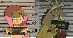 Size: 2896x1500 | Tagged: safe, artist:naquelinedelch2, derpibooru import, discord, fluttershy, draconequus, pegasus, :c, barbie mugshot meme, duo, duo male and female, female, floppy ears, frown, grin, image, jpeg, looking at you, male, meme, mugshot, narrowed eyes, sad, smiling, smiling at you