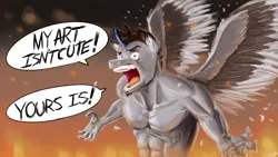 Size: 3840x2160 | Tagged: safe, artist:twigpaste, derpibooru import, oc, oc:twigs, unofficial characters only, anthro, pegasus, ear fluff, feather, fire, image, png, rage, solo, speech bubble, spread wings, wings