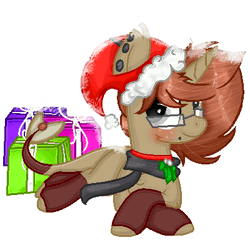 Size: 400x400 | Tagged: safe, artist:angellightyt, derpibooru import, oc, unofficial characters only, pony, unicorn, animated, barely animated, base used, blushing, chest fluff, christmas, clothes, gif, glasses, hat, holiday, horn, image, present, santa hat, scarf, simple background, transparent background, unicorn oc