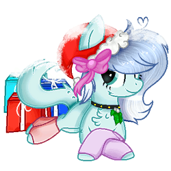 Size: 400x400 | Tagged: safe, artist:angellightyt, derpibooru import, oc, unofficial characters only, earth pony, pony, animated, barely animated, base used, blushing, bow, chest fluff, choker, christmas, clothes, earth pony oc, female, gif, hat, holiday, horn, image, leg warmers, mare, present, santa hat, simple background, transparent background