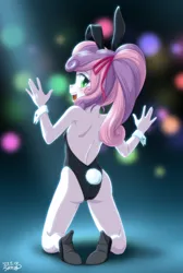 Size: 2000x2981 | Tagged: suggestive, artist:uotapo, banned from derpibooru, sweetie belle, human, equestria girls, blushing, bunny ears, bunny suit, butt, child, clothes, cuffs (clothes), female, high heels, high res, image, lolicon, looking at you, looking back, looking back at you, open mouth, playboy bunny, playboy bunny sweetie belle, png, shoes, solo, solo female, sweetie butt, underage