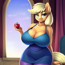 Size: 640x640 | Tagged: suggestive, derpibooru import, machine learning generated, novelai, stable diffusion, applejack, anthro, ai content, apple, bedroom eyes, big breasts, breasts, busty applejack, castle, cleavage, clothes, dress, female, food, image, looking at you, png, smiling