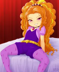 Size: 2170x2647 | Tagged: suggestive, artist:uotapo, adagio dazzle, equestria girls, rainbow rocks, belt, blushing, clothes, female, gem, grin, high res, image, png, shirt, shorts, siren gem, smiling, socks, solo, stockings, thigh highs, younger