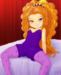 Size: 2170x2647 | Tagged: suggestive, alternate version, artist:uotapo, adagio dazzle, equestria girls, rainbow rocks, belt, blushing, clothes, female, gem, grin, high res, image, png, shorts, siren gem, smiling, socks, solo, stockings, thigh highs, younger
