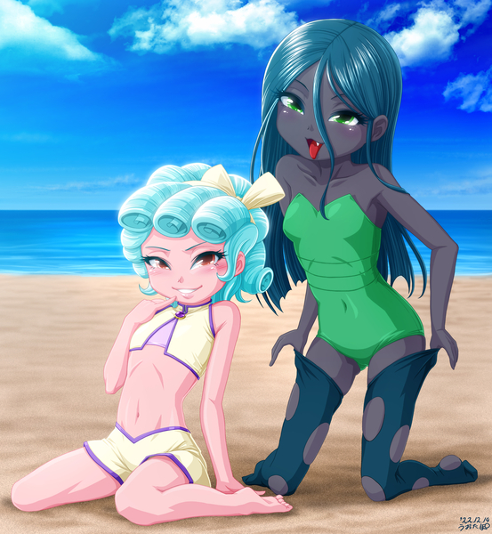 Size: 4728x5128 | Tagged: suggestive, artist:uotapo, banned from derpibooru, cozy glow, queen chrysalis, equestria girls, beach, clothes, duo, duo female, equestria girls-ified, female, high res, image, jpeg, lolicon, looking at you, ocean, sand, seaside, swimsuit, underage, water