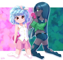Size: 1200x1150 | Tagged: safe, alternate version, artist:uotapo, cozy glow, queen chrysalis, equestria girls, belt, butt, clothes, cozybetes, cute, duo, equestria girls-ified, female, heart, holiday, image, jpeg, ripped stockings, shirt, shorts, skirt, socks, stockings, t-shirt, tanktop, thigh highs, torn clothes, torn socks, valentine's day, younger