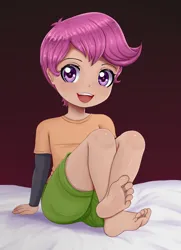 Size: 2480x3425 | Tagged: safe, artist:focusb, banned from derpibooru, scootaloo, human, bed, clothes, feet, female, high res, humanized, image, jpeg, lolicon, open mouth, shirt, sitting, solo, t-shirt, underage