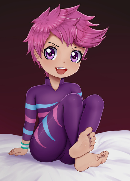 Size: 2480x3425 | Tagged: safe, artist:focusb, banned from derpibooru, scootaloo, human, bed, clothes, feet, female, high res, humanized, image, jpeg, lolicon, open mouth, show stopper outfits, sitting, solo, underage