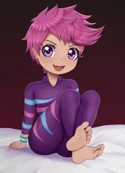 Size: 2480x3425 | Tagged: safe, artist:focusb, banned from derpibooru, scootaloo, human, bed, clothes, feet, female, high res, humanized, image, jpeg, lolicon, open mouth, show stopper outfits, sitting, solo, underage
