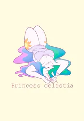 Size: 1423x2048 | Tagged: safe, artist:mscolorsplash, derpibooru import, part of a set, princess celestia, alicorn, anthro, pony, breasts, busty princess celestia, cleavage, clothes, eyes closed, female, image, lying down, mare, nightgown, on back, png, simple background, smiling, solo, thighs, yellow background