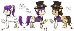 Size: 2384x1022 | Tagged: safe, artist:underwoodart, derpibooru import, oc, oc:tinker, unofficial characters only, earth pony, pony, robot, robot pony, animatronic, ball jointed doll, bow, brown mane, choker, clothes, cravat, earth pony oc, goggles, goggles on head, hair bow, hairpin, hat, image, lab coat, png, ponytail, purple eyes, purple mane, reference sheet, simple background, spats, text, top hat, waistcoat, white background, yellow eyes