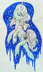 Size: 1277x2143 | Tagged: safe, artist:mintytreble, derpibooru import, winter snow, earth pony, pony, g3, cold, hoof heart, image, jpeg, newbie artist training grounds, simple background, snow, snowflake, traditional art, underhoof, winter