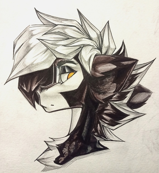 Size: 1982x2160 | Tagged: safe, artist:tlen borowski, derpibooru import, oc, oc:deka, unofficial characters only, bust, chest fluff, image, jpeg, looking at you, portrait, rear view, traditional art, two toned coat, two toned mane