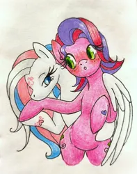 Size: 1011x1280 | Tagged: safe, artist:mintytreble, derpibooru import, skywishes, star catcher, earth pony, pegasus, pony, g3, couple, female, flirting, hoof heart, image, jpeg, lesbian, looking at each other, looking at someone, shipping, shipping fuel, sky wishes, underhoof