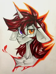 Size: 1620x2160 | Tagged: safe, artist:tlen borowski, derpibooru import, oc, unofficial characters only, unicorn, bust, chest fluff, floppy ears, heterochromia, horn, image, jpeg, looking at you, portrait, solo, traditional art, unicorn oc