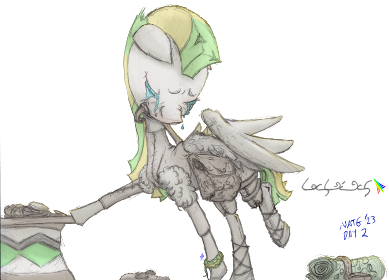 Size: 4095x2956 | Tagged: safe, artist:c_||_r, oc, unofficial characters only, pegasus, pony, bag, bedroll, bracelet, clothes, crying, eyes closed, faded colors, image, jewelry, leaning, lifted leg, looking down, mohawk, png, saddle bag, signature, simple background, solo, text, two toned mane